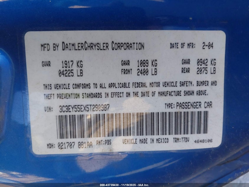 2005 Chrysler Pt Cruiser Touring VIN: 3C3EY55EX5T290987 Lot: 43739438