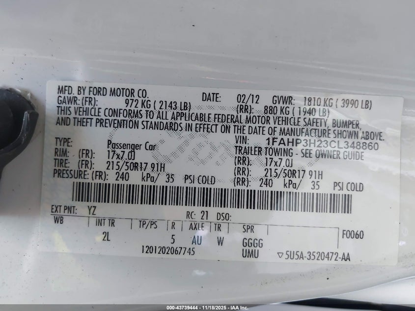 1FAHP3H23CL348860 2012 FORD FOCUS photo no. 9