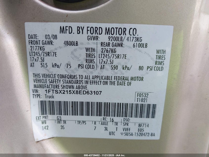 2008 Ford F-250 Fx4/Lariat/Xl/Xlt VIN: 1FTSX215X8ED63107 Lot: 43739452