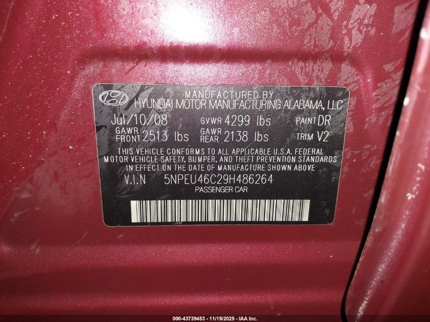 2009 Hyundai Sonata Limited VIN: 5NPEU46C29H486264 Lot: 43739453