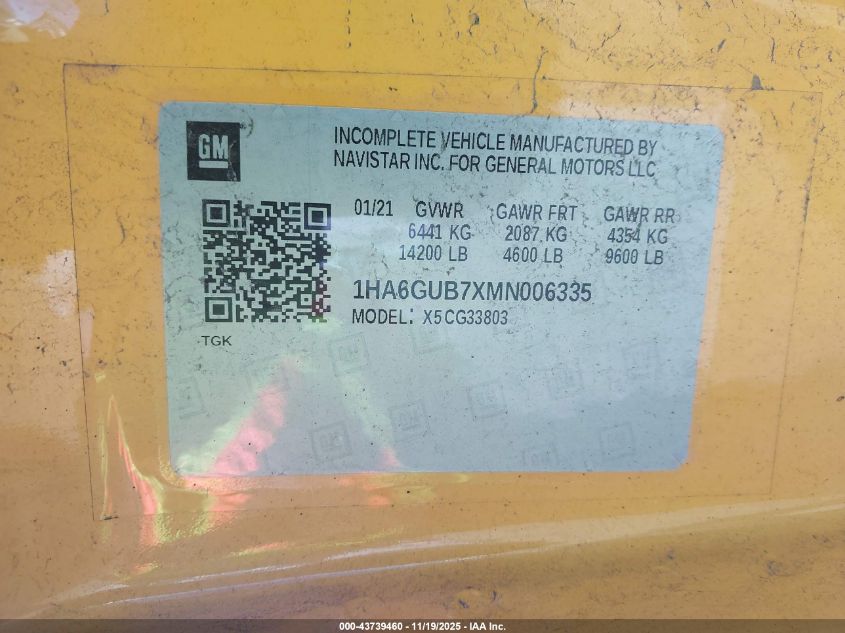 2021 Chevrolet Express Cutaway 4500 Van VIN: 1HA6GUB7XMN006335 Lot: 43739460