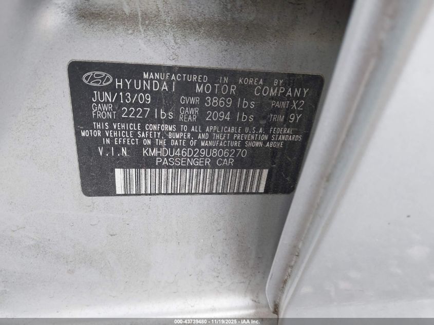 2009 Hyundai Elantra Gls VIN: KMHDU46D29U806270 Lot: 43739480