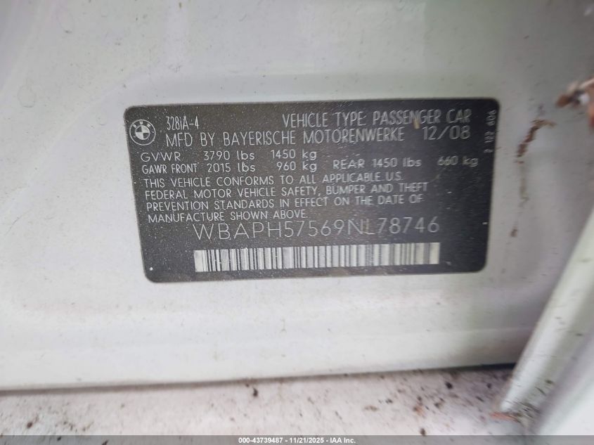 2009 BMW 328I VIN: WBAPH57569NL78746 Lot: 43739487