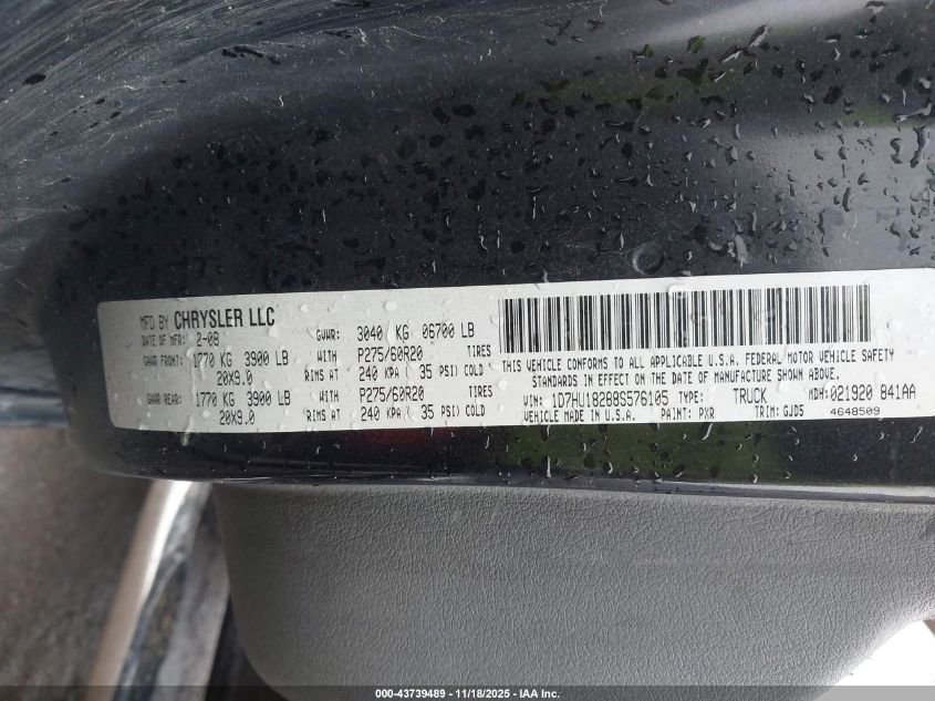 2008 Dodge Ram 1500 Laramie VIN: 1D7HU18288S576105 Lot: 43739489