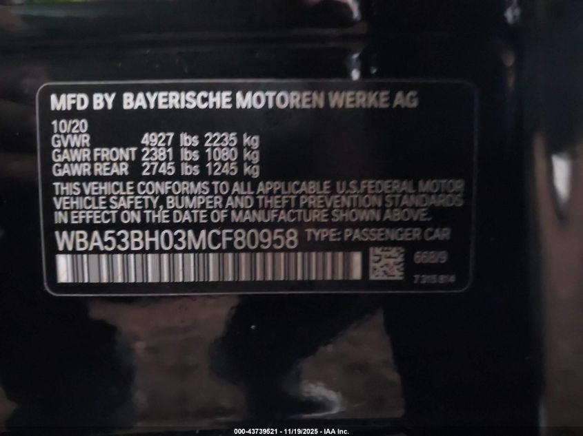 2021 BMW 530I VIN: WBA53BH03MCF80958 Lot: 43739521