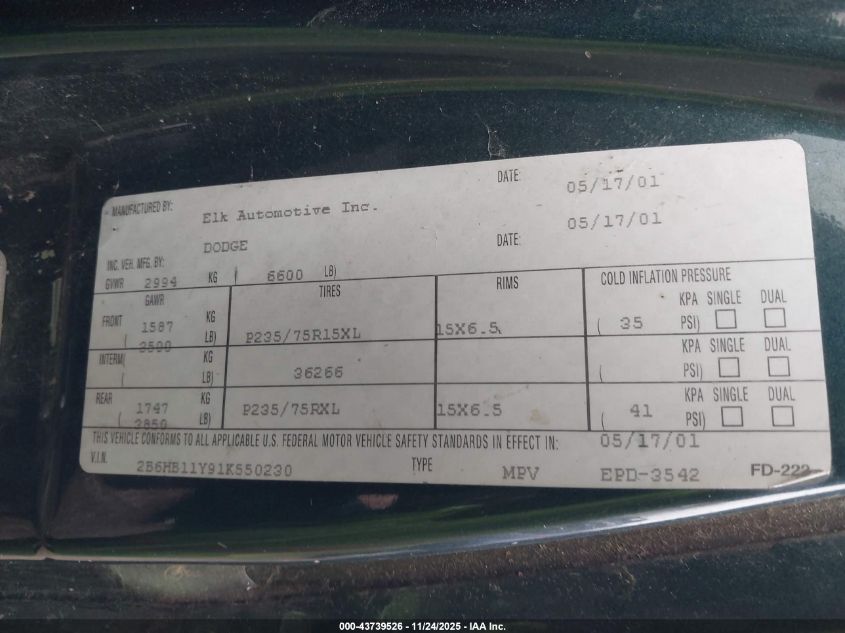 2001 Dodge Ram Van 1500 Conversion VIN: 2B6HB11Y91K550230 Lot: 43739526