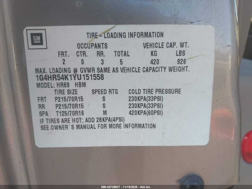 2000 Buick Lesabre Limited VIN: 1G4HR54K1YU151558 Lot: 43739537