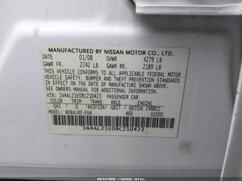 2008 Nissan Altima 2.5 S VIN: 1N4AL21E08C210423 Lot: 43739559