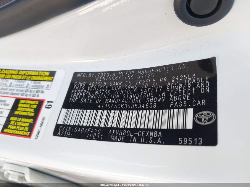 2025 Toyota Camry Le VIN: 4T1DAACK3SU594608 Lot: 43739561