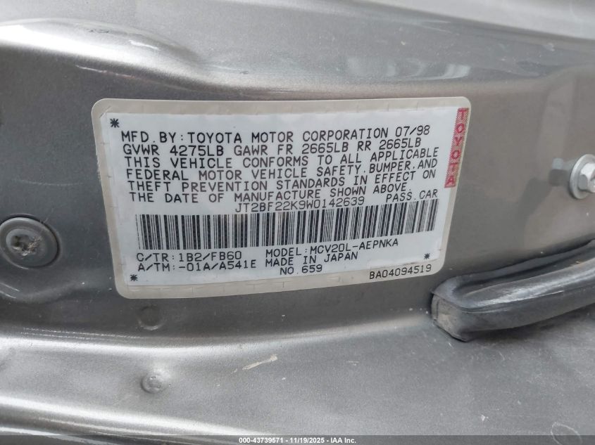 1998 Toyota Camry Le V6 VIN: JT2BF22K9W0142639 Lot: 43739571