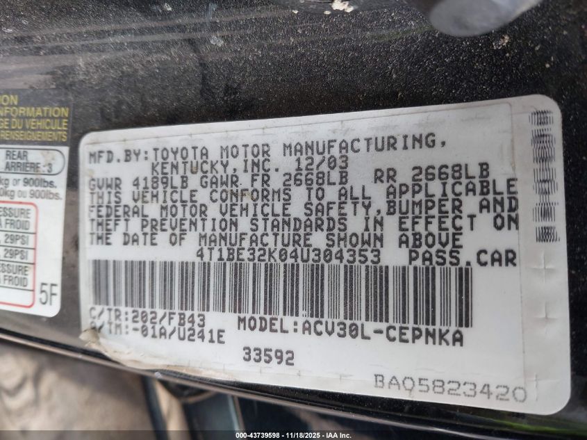 2004 Toyota Camry Le VIN: 4T1BE32K04U304353 Lot: 43739598