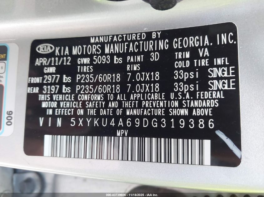 2013 Kia Sorento Ex VIN: 5XYKU4A69DG319386 Lot: 43739606