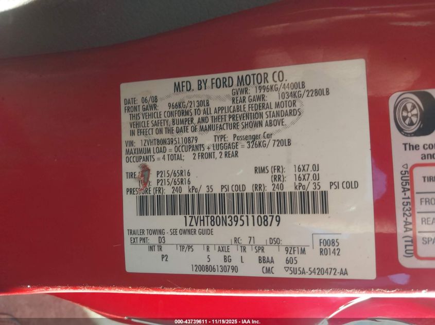 2009 Ford Mustang V6/V6 Premium VIN: 1ZVHT80N395110879 Lot: 43739611