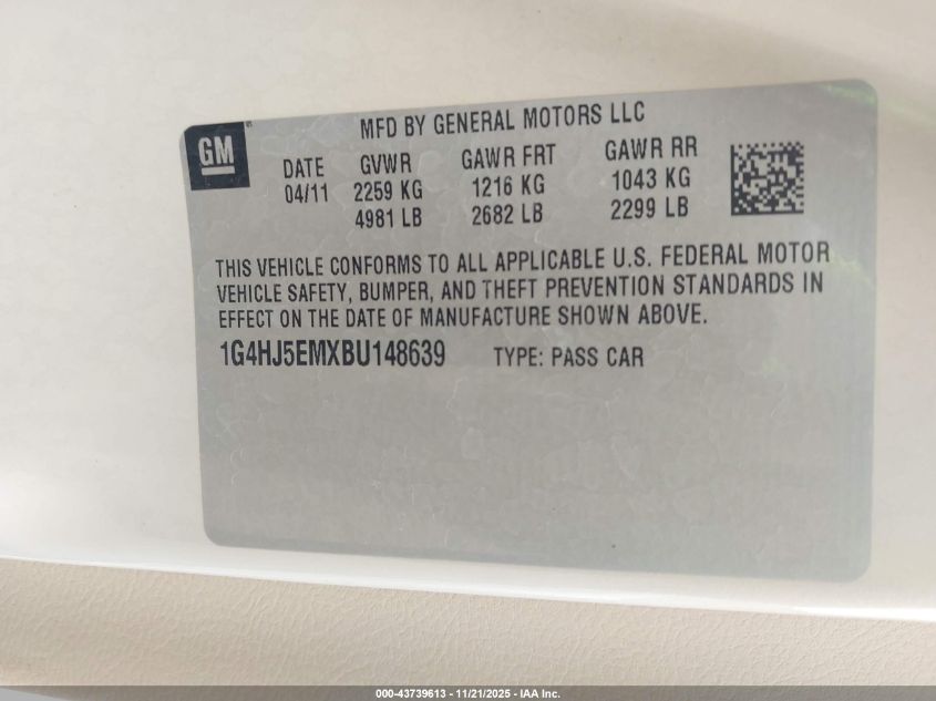 2011 Buick Lucerne Cxl Premium VIN: 1G4HJ5EMXBU148639 Lot: 43739613