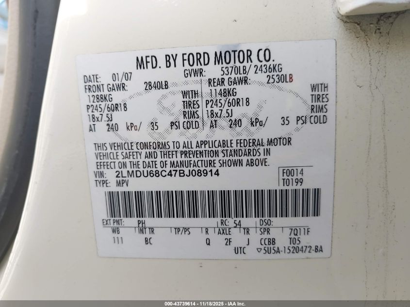 2007 Lincoln Mkx VIN: 2LMDU68C47BJ08914 Lot: 43739614