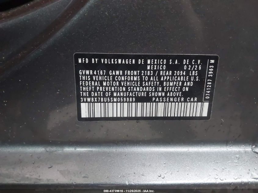 2025 Volkswagen Jetta 1.5T Sport VIN: 3VWBX7BU5SM059989 Lot: 43739616
