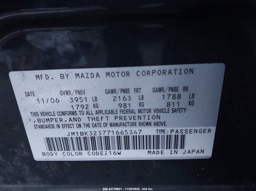 2007 Mazda Mazda3 S Grand Touring VIN: JM1BK323771665347 Lot: 43739621