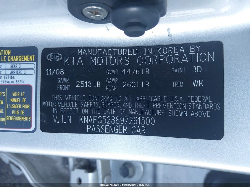 2009 Kia Rondo Lx VIN: KNAFG528897261500 Lot: 43739623