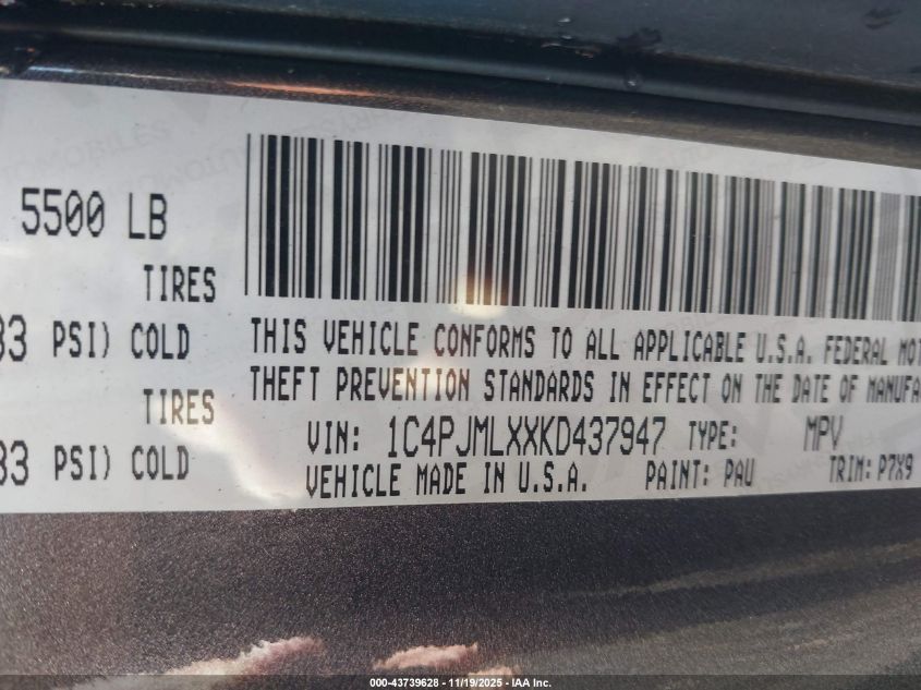 2019 Jeep Cherokee Altitude 4X4 VIN: 1C4PJMLXXKD437947 Lot: 43739628