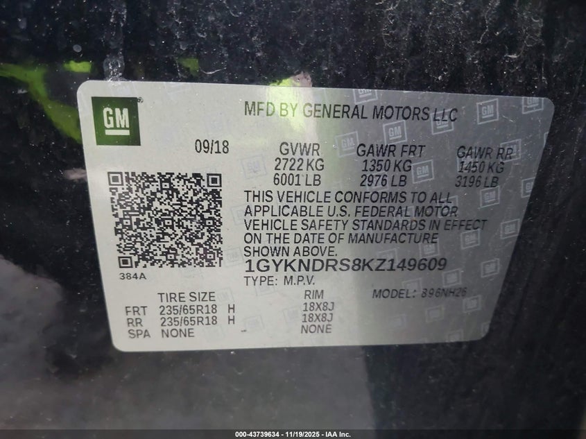 2019 Cadillac Xt5 Luxury VIN: 1GYKNDRS8KZ149609 Lot: 43739634