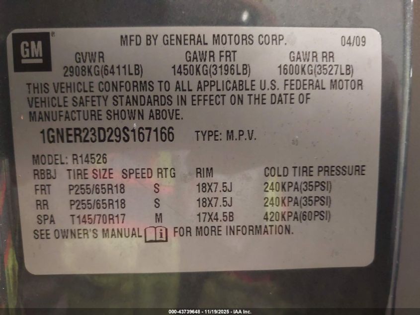 2009 Chevrolet Traverse Lt VIN: 1GNER23D29S167166 Lot: 43739648