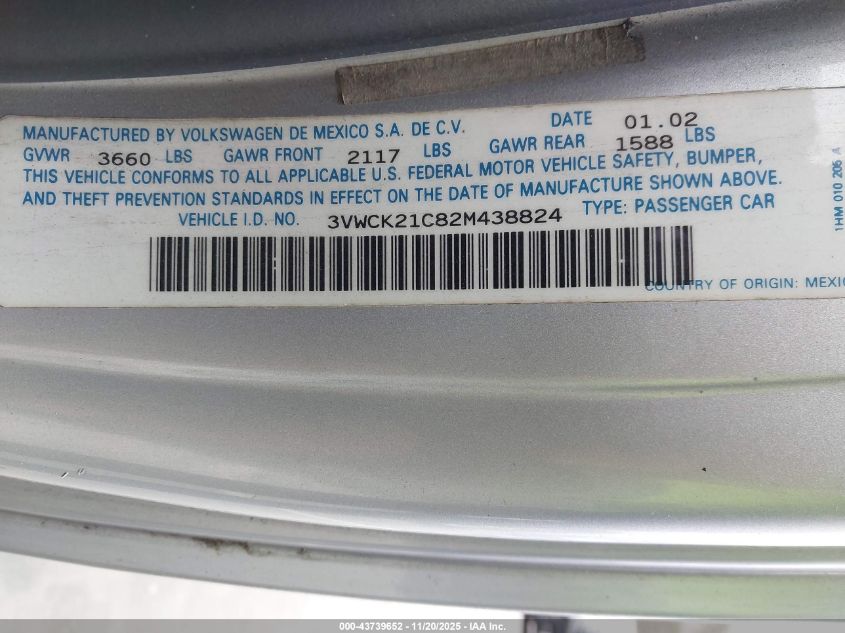 2002 Volkswagen New Beetle Gls VIN: 3VWCK21C82M438824 Lot: 43739652