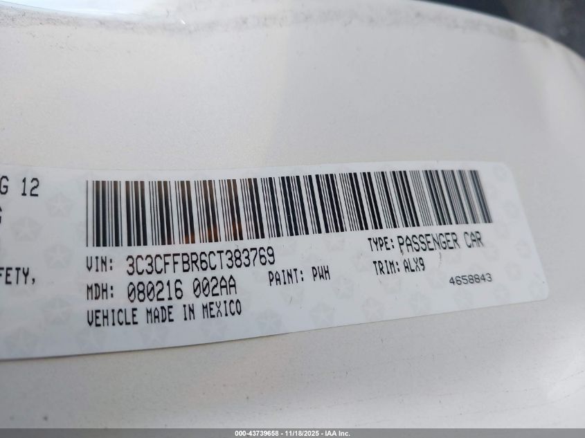 2012 Fiat 500 Sport VIN: 3C3CFFBR6CT383769 Lot: 43739658