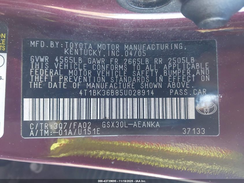 2005 Toyota Avalon Xl VIN: 4T1BK36B85U028914 Lot: 43739695