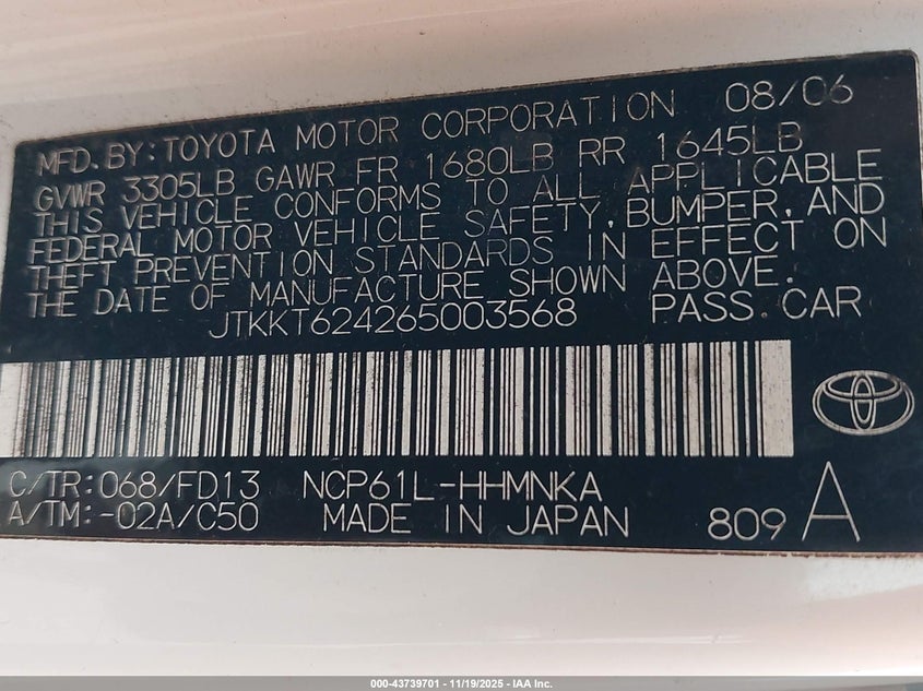 2006 Scion Xa VIN: JTKKT624265003568 Lot: 43739701