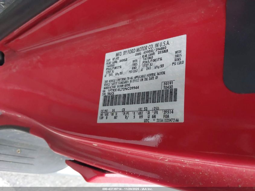 2002 Ford F-150 Lariat/Xl/Xlt VIN: 1FTRX18L72NC09944 Lot: 43739714