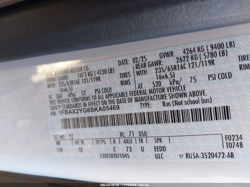 2025 Ford Transit-350 Passenger Van Xlt VIN: 1FBAX2YG8SKA05469 Lot: 43739749