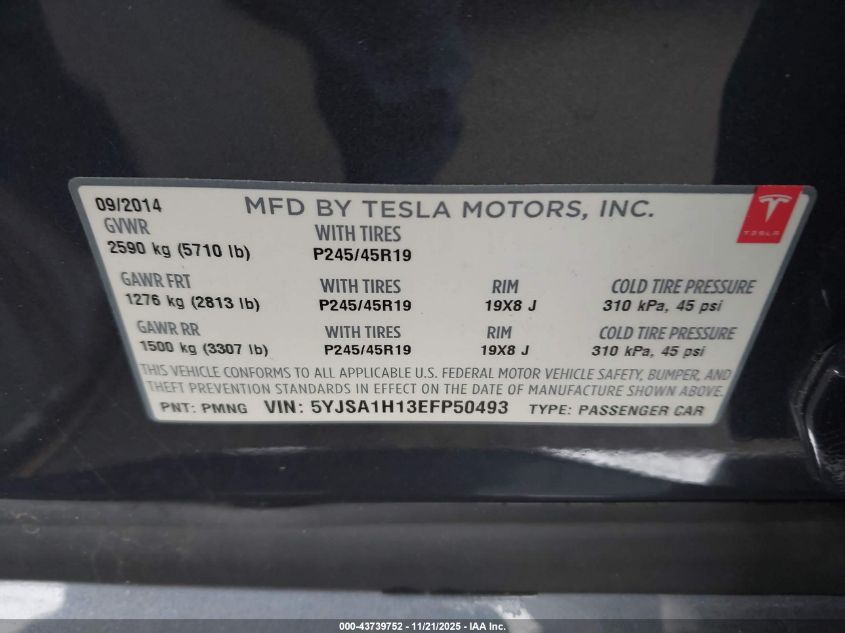 2014 Tesla Model S P85 VIN: 5YJSA1H13EFP50493 Lot: 43739752