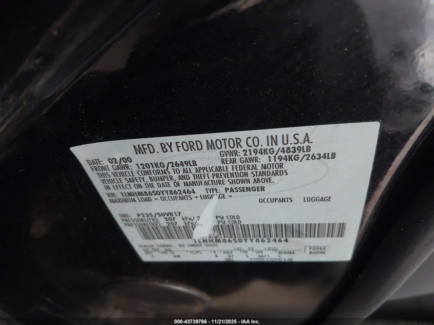2000 Lincoln Ls V6 Auto/V6 Manual VIN: 1LNHM86S0YY862464 Lot: 43739766