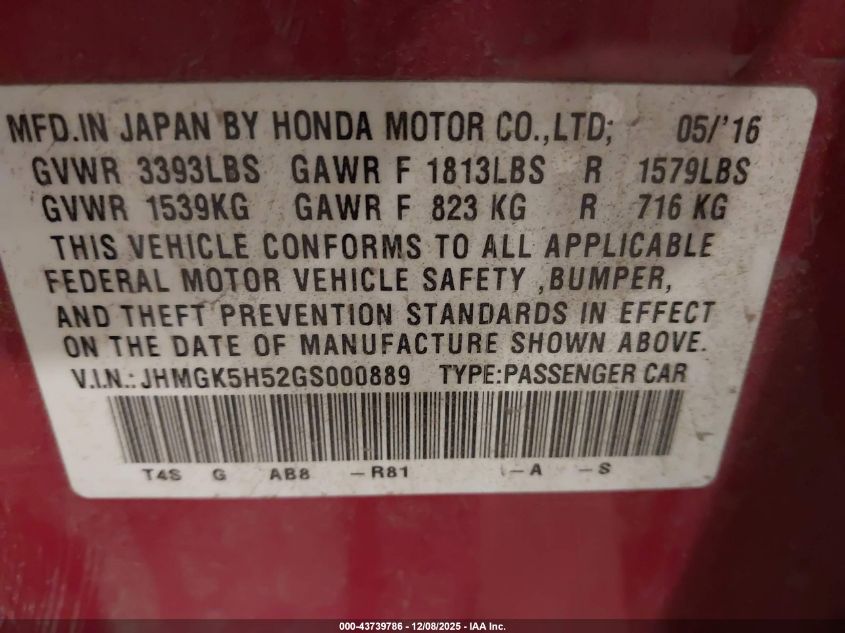 2016 Honda Fit Lx VIN: JHMGK5H52GS000889 Lot: 43739786