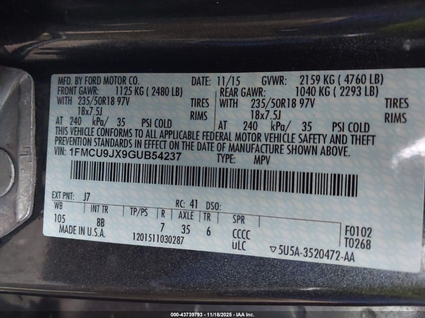 2016 Ford Escape Titanium VIN: 1FMCU9JX9GUB54237 Lot: 43739793