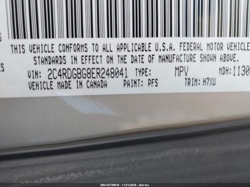 2014 Dodge Grand Caravan Se VIN: 2C4RDGBG8ER248041 Lot: 43739816