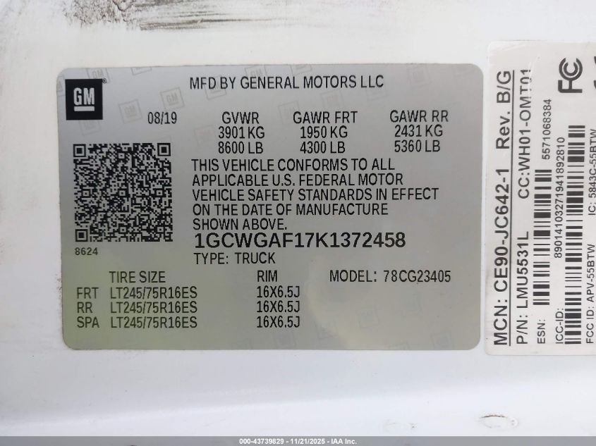 2019 Chevrolet Express 2500 Work Van VIN: 1GCWGAF17K1372458 Lot: 43739829