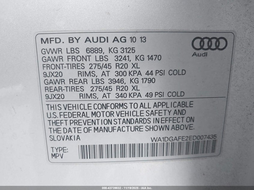 2014 Audi Q7 3.0T S Line Prestige VIN: WA1DGAFE2ED007435 Lot: 43739832