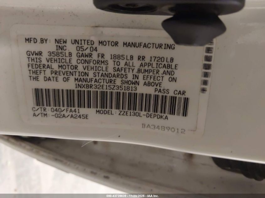 2005 Toyota Corolla Ce VIN: 1NXBR32E15Z351813 Lot: 43739839