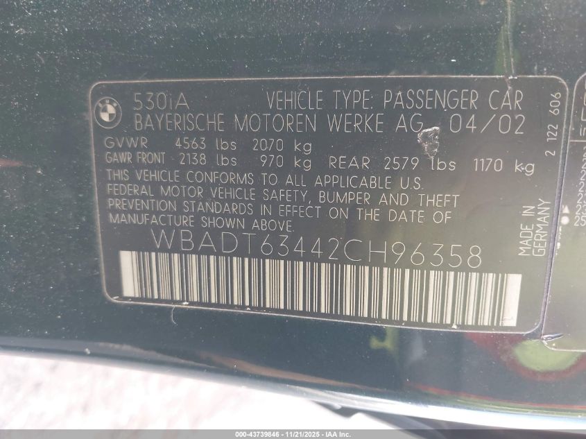 2002 BMW 530Ia VIN: WBADT63442CH96358 Lot: 43739846