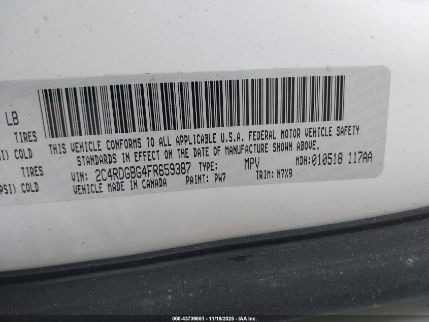 2015 Dodge Grand Caravan Se VIN: 2C4RDGBG4FR659387 Lot: 43739851