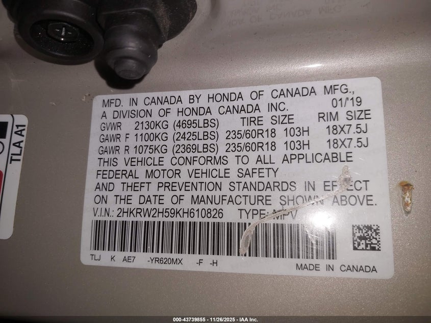 2019 Honda Cr-V Ex VIN: 2HKRW2H59KH610826 Lot: 43739855