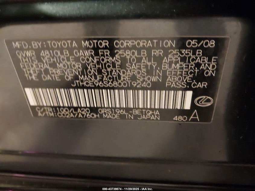 2008 Lexus Gs 350 VIN: JTHCE96S680019240 Lot: 43739874