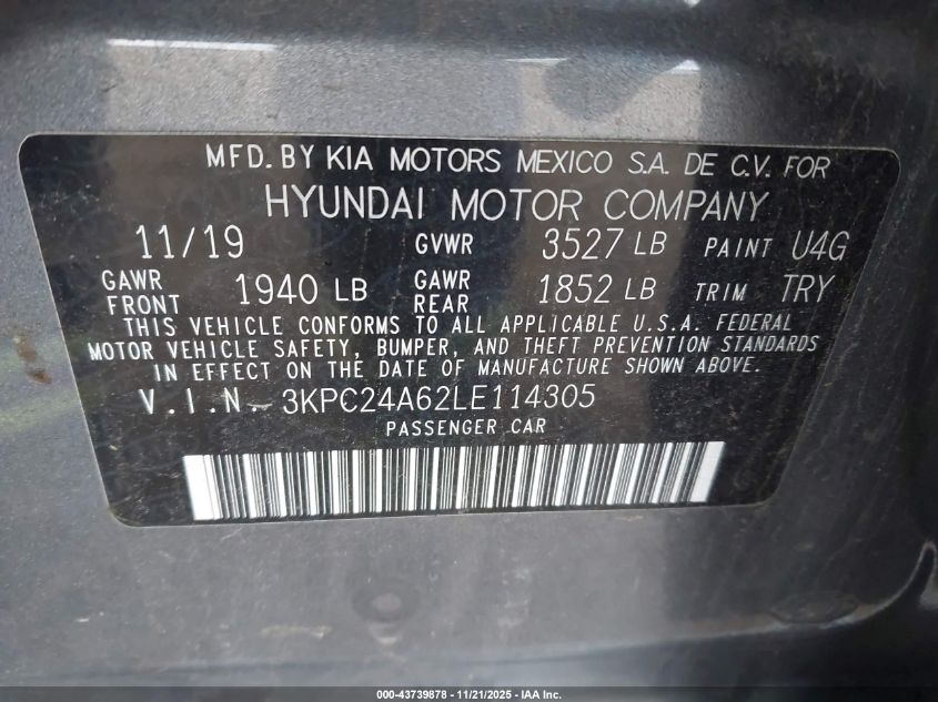 2020 Hyundai Accent Se VIN: 3KPC24A62LE114305 Lot: 43739878