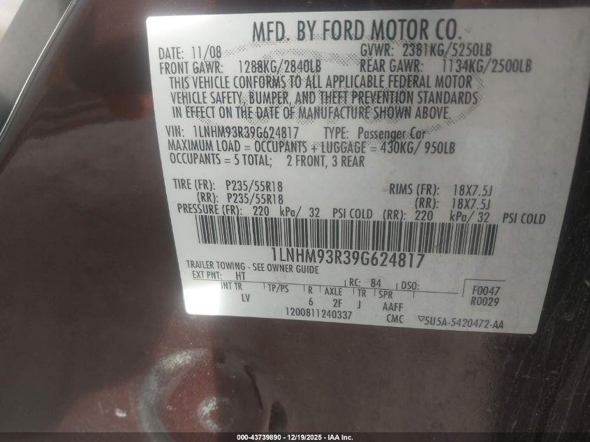 2009 Lincoln Mks VIN: 1LNHM93R39G624817 Lot: 43739890