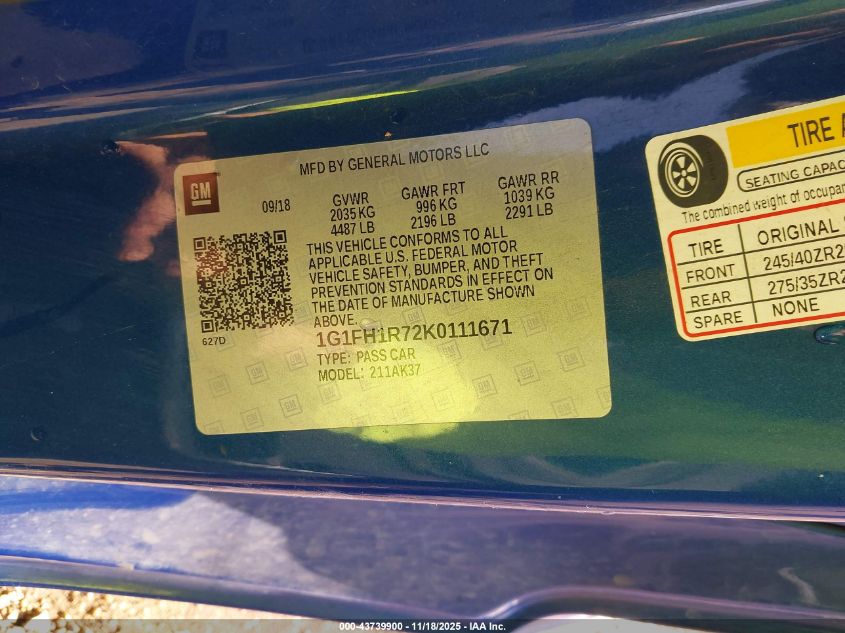 2019 Chevrolet Camaro VIN: 1G1FH1R27K0111671 Lot: 43739900