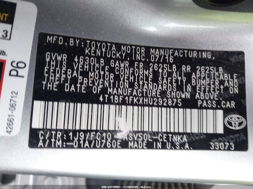 2017 Toyota Camry Le VIN: 4T1BF1FKXHU292875 Lot: 43739901