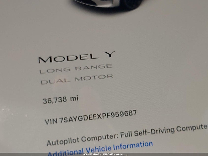 2023 Tesla Model Y Awd/Long Range Dual Motor All-Wheel Drive VIN: 7SAYGDEEXPF959687 Lot: 43739905
