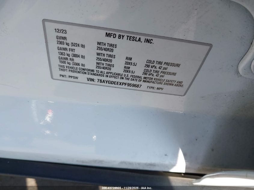 2023 Tesla Model Y Awd/Long Range Dual Motor All-Wheel Drive VIN: 7SAYGDEEXPF959687 Lot: 43739905