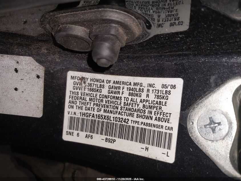 2006 Honda Civic Lx VIN: 1HGFA165X6L103242 Lot: 43739910